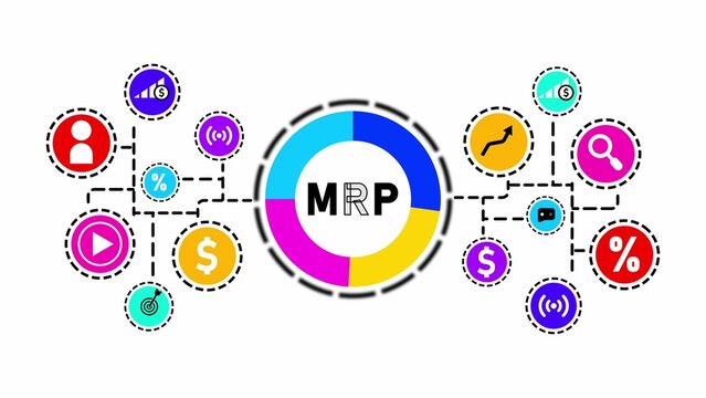 Central MRP concept diagram with connected icons for manufacturing and business processes manufacturing resource planning