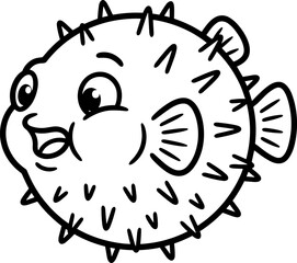 Cute cartoon pufferfish illustration, black outline on white background, playful and simple graphic style © Sugiyo