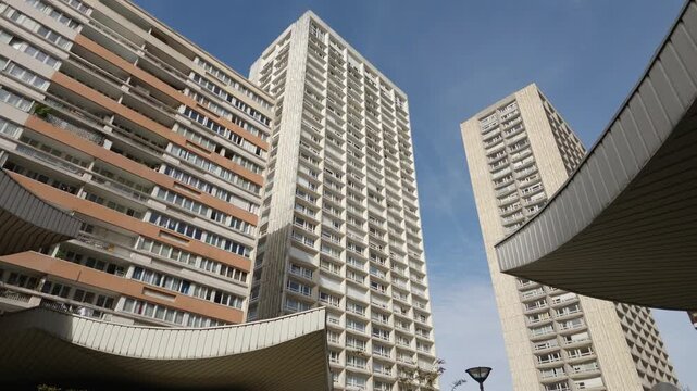 Brutalist residential towers forming the urban landscape of Olympiades in Paris, France