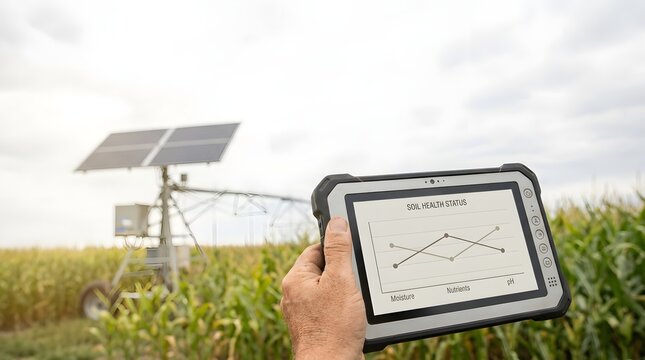Farmer Using Digital Soil Monitoring Tablet in Cropland with Solar-powered Sensor System