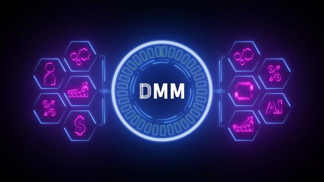 Neon DM concept with icons and central text on dark background digital marketing