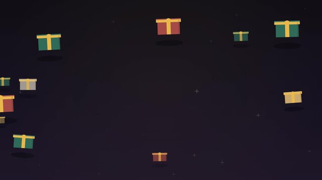 Seamless loop of elegant flat design christmas gift boxes with gold ribbons slowly floating and drifting across a dark plum background with tiny golden sparkles, calm and premium, perfect for holiday