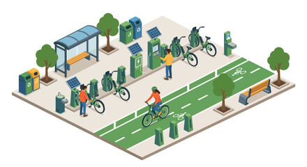 Fototapeta premium Bike Sharing Dock Station with Green Cycling Lane, Bus Shelter, and Solar Charging Panels