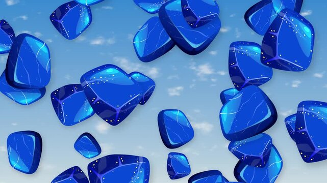 Abstract Animation of Blue Gemstones Falling Through a Cloudy Sky