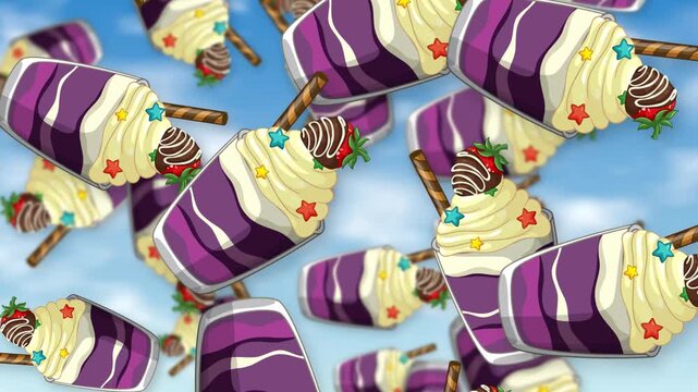 Animated Falling Purple Dessert Cups with Whipped Cream and Strawberries