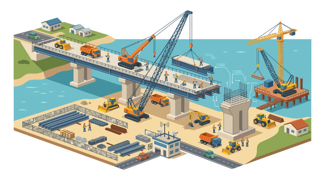 Isometric Bridge Construction Over River with Cranes and Concrete Pillars