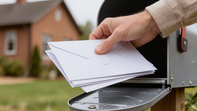 Mail delivery and residential communication concept, a person's hand retrieving a stack of white correspondence envelopes from an open silver curbside mailbox in front of a brick house