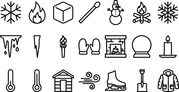 Winter season climate weather and cozy holiday line icon set for winter activities mobile interface design