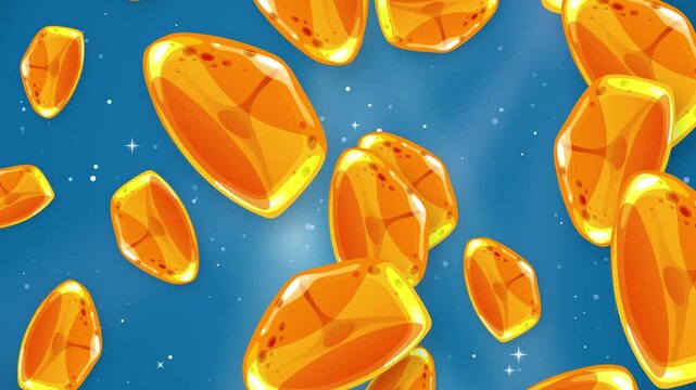 Animated Orange Gemstones Falling Over a Sparkling Blue Glitter Background