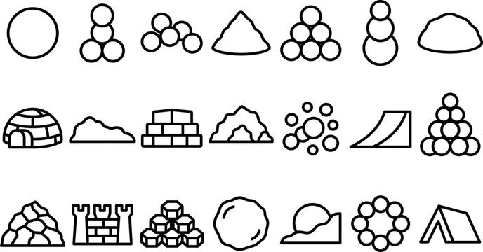 Winter snow pile and igloo line icon set featuring snowballs ice fort and outdoor seasonal activities symbols