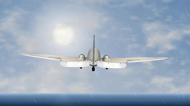 Vintage Twin Engine Propeller Plane Flying Through Rain Over Ocean