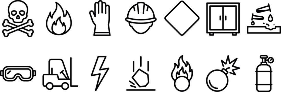 Workplace safety hazard signs and industrial protection line icon set featuring caution fire danger and engineering symbols for website interface design