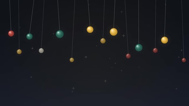 Seamless loop of elegant christmas ornaments hanging on thin strings from the top edge, gently swaying like pendulums in front of a dark charcoal background with tiny rising sparkles, refined and calm