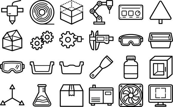 Three dimensional 3D printing engineering line icons set with printer nozzle robotic arm model and filament vector