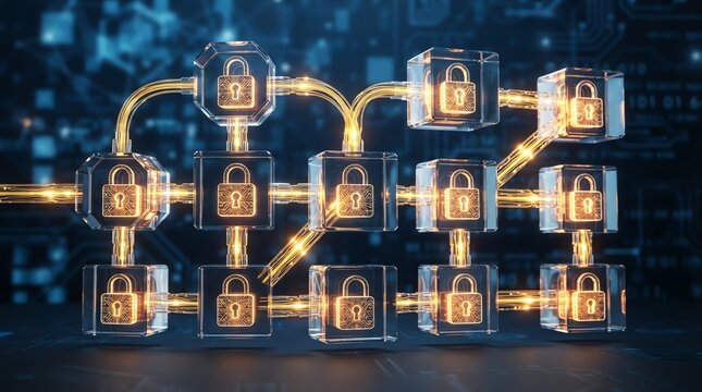 Digital blockchain network with glowing locks in glass cubes