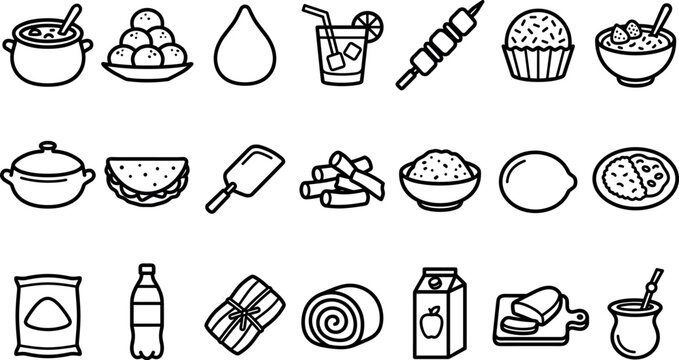 Traditional food and snacks line icon set featuring local cuisine meals desserts sweets and regional beverages for restaurant menu interface design