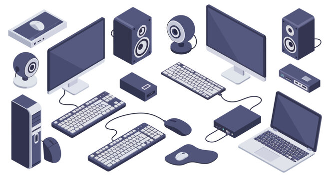 Isometric technology collection featuring 3D computer hardware including monitors, keyboards, mice, speakers, webcams, a laptop, and a desktop PC tower on a white background.