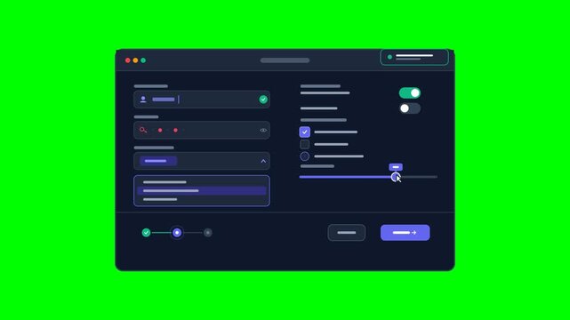 Animated dark mode user interface dashboard screen with cursor clicking toggle switch
