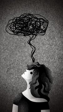 depressed woman surrounded by a tangled web of thoughts
