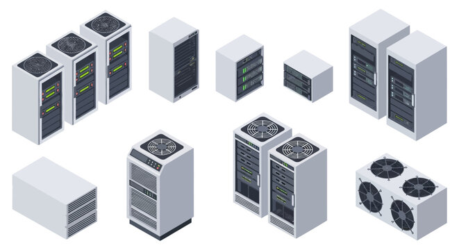 Isometric technology collection of 3D data center server racks, networking hardware towers, cooling fan units, and cloud storage systems isolated on white for IT infrastructure design.