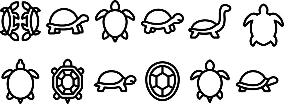 Turtle tortoise marine animal lineart icons set with sea turtle shell wildlife nature vector