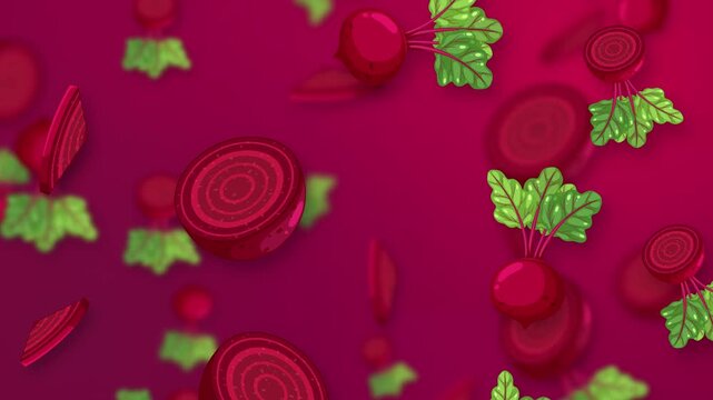 Animated Falling Beetroot Slices and Whole Vegetables on Magenta Background