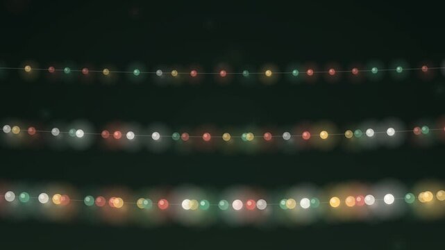 Seamless loop of three rows of warm christmas string lights gently swaying and twinkling in a traveling wave across a deep green dark background, cozy and festive, perfect for holiday video background