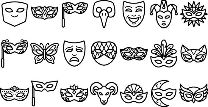 Venetian masquerade mask and carnival theater line icon set featuring traditional festival party costume and drama celebration symbols