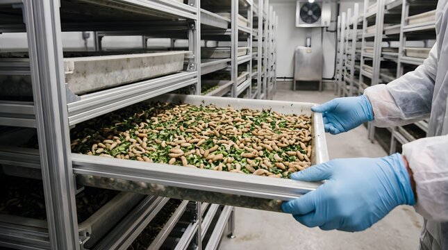 Gloved hands holding tray of mealworm larvae in insect farm facility