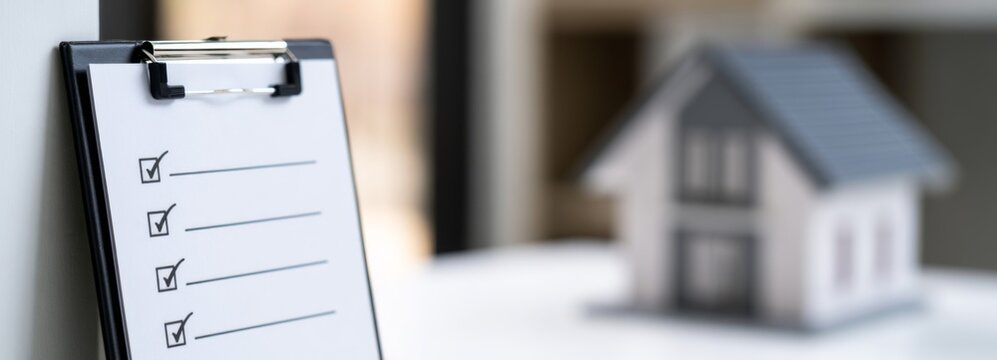 Checklist and small house model on a table for home buying process  