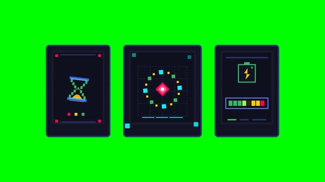 Pixel Art Animation Showing Loading Icons and Battery Status on Green Screen