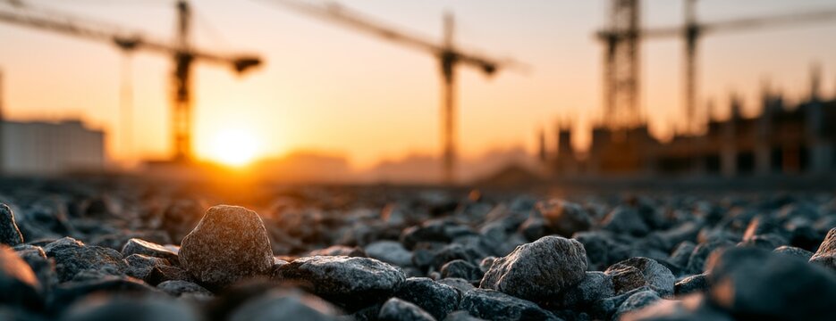 Close-up of gravel and construction cranes at sunset  