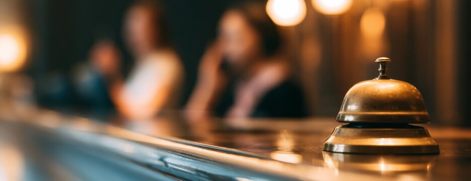 Hotel reception desk with service bell and blurred guests in background  