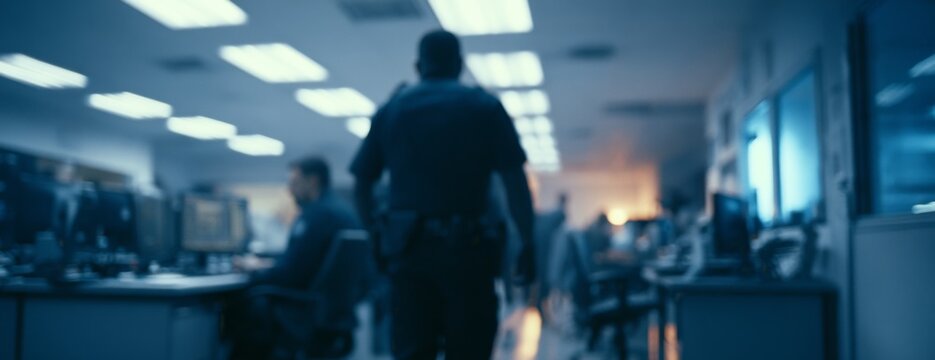Police officer walking through busy police station at night  
