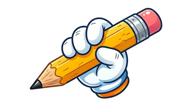 Cartoon hand holding a yellow pencil with an eraser and a sharpened point, ready for writing