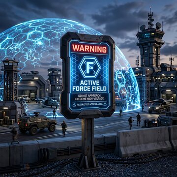 Futuristic military base security sign with glowing blue force field shield