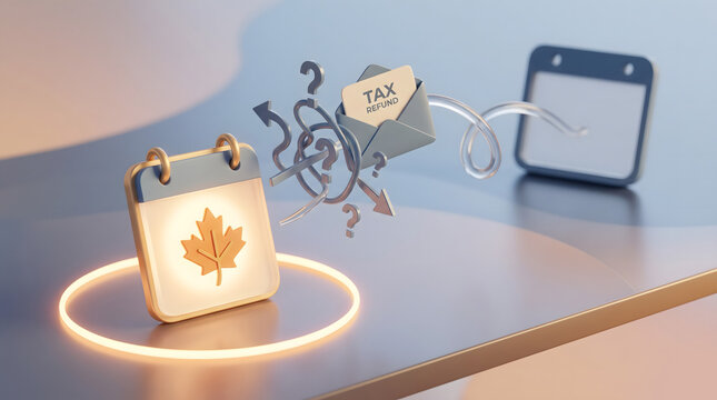 3D illustration of maple leaf calendar with tax envelope navigating confusing arrows toward deadline calendar tax schedule concept
