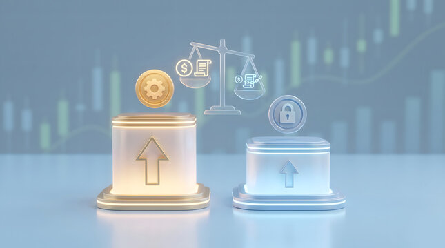 3D illustration of high gold podium with gear coin and low blue podium with lock coin balancing scale asset allocation concept