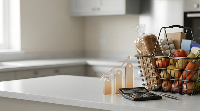 Grocery Basket with Calculator and Rising Arrow Blocks Representing Food Inflation