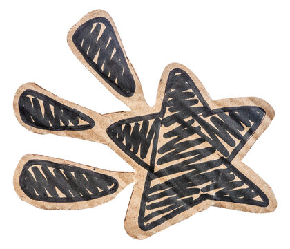 comic element in the shape of a star made of cardboard with a white isolated background