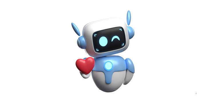 Futuristic 3D robot character holding a red heart. Friendly AI assistant with winking digital face. Cute blue and white bot for customer support.