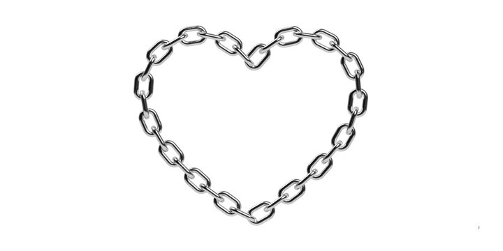 Metallic iron chain heart shape, industrial steel links forming love symbol, chrome metal jewelry outline on white background