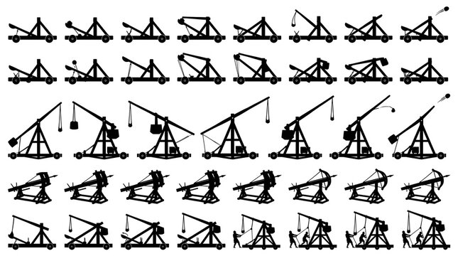 Medieval Catapult Trebuchet and Siege Weapon Silhouette Vector Icon Set