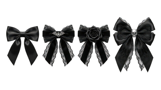 Set of four decorative black bows with lace and ribbon isolated on transparent background