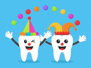 Naklejka premium Funny Cartoon Teeth Characters Dressed as Clown and Jester Juggling Balls