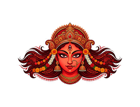 Pixel art portrait of hindu goddess durga with traditional jewelry and crown isolated on a white background