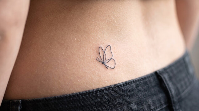Close Up of Minimalist Continuous One Line Butterfly Tattoo on Woman Lower Back