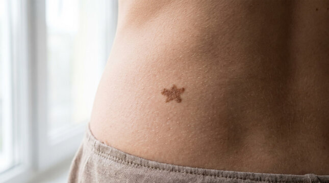 Close Up of Small Star Shaped Congenital Pigmented Birthmark on Woman Lower Back