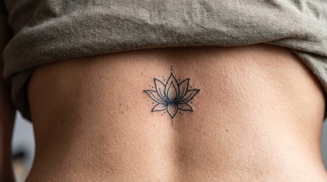 Close Up of Minimalist Dotwork Lotus Flower Tattoo on Woman Upper Back