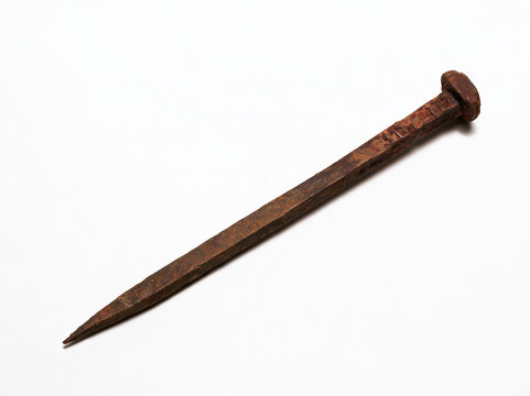 Single old rusty iron railroad spike nail isolated on white background. Vintage construction hardware with textured corrosion.